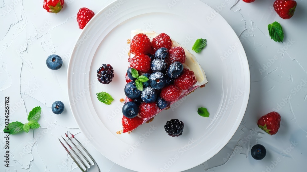 Top-Down View of Layered Fruit Pudding Slice on White Plate: A Balanced Delight Top-Down View of Layered Fruit Pudding Slice on White Plate: A Balanced Delight