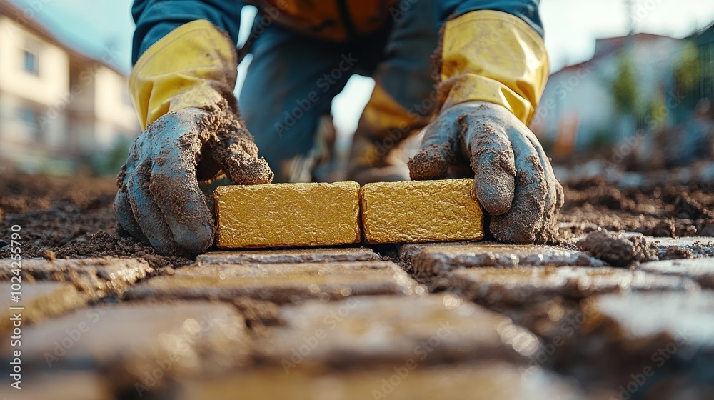 A construction worker lays down yellow bricks on a dirt path.