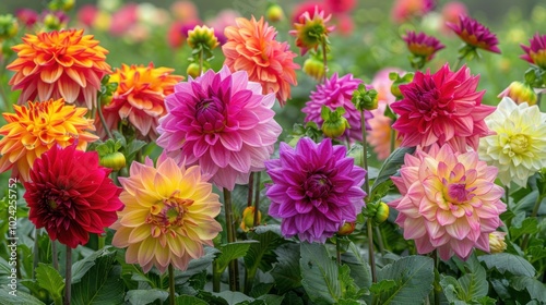 A variety of colorful dahlias blooming together in a lush garden setting.