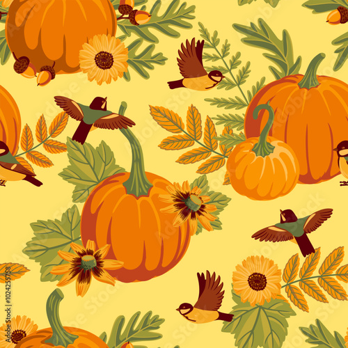 vector drawing seamless pattern with orange pumpkins, flowers, birds and leaves, autumnal background, hand drawn illustration