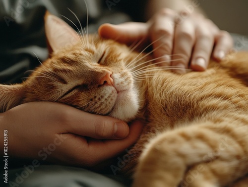 A close-up of a veterinarian gently massaging the muscles of a cat recovering from surgery in a calm, warm room.