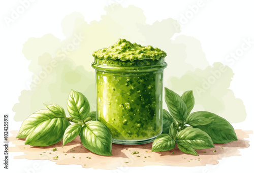 Basil Pesto in Jar with Fresh Leaves