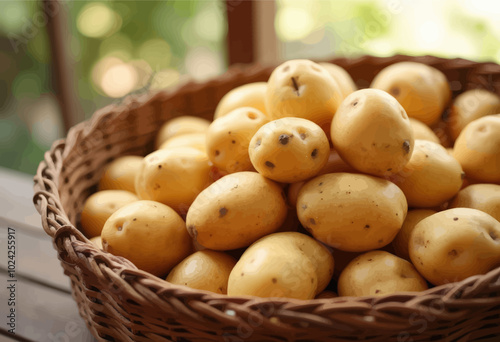 Basket of Potatoes on Wooden Table  

