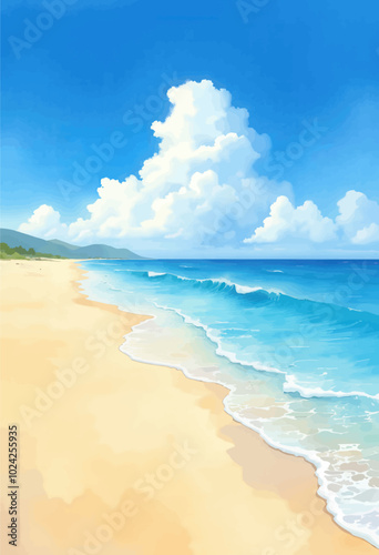 Beach Scene with Blue Sky and Waves