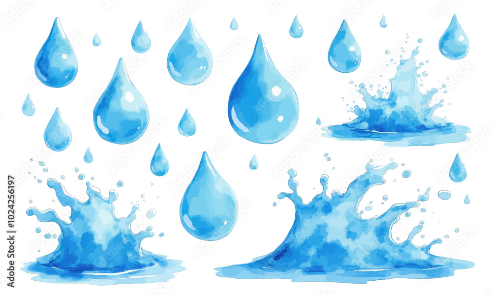 Blue Water Droplets and Splashes - Watercolor Illustration Blue Water Droplets and Splashes - Watercolor Illustration