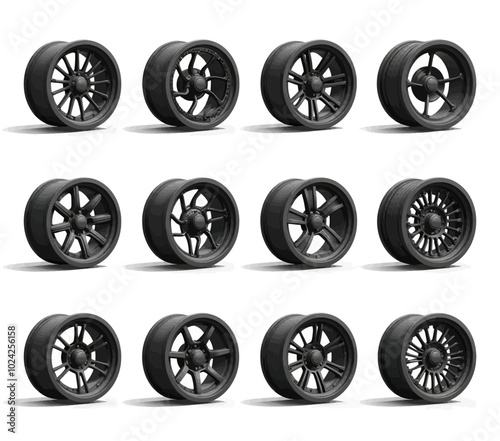 Black Wheel Rims Collection Isolated on White Background