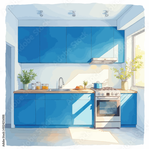 Blue Kitchen with Sunlight 
