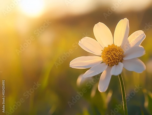 A close-up of a wildflower in a meadow, its delicate petals glowing under the soft golden hour light.