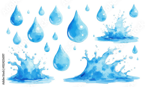 Blue Water Droplets and Splashes - Watercolor Illustration