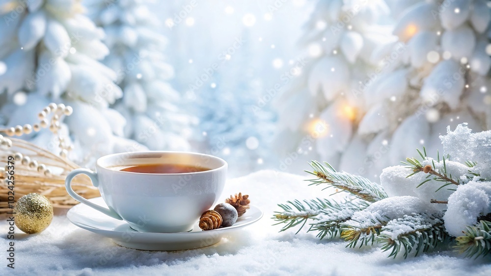 Fototapeta premium Warm winter scenery with hot tea and elegant decor from a low angle perspective