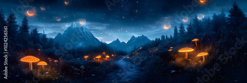 bioluminescent fairy tale forest under a starlit sky giant glowing mushrooms and ethereal floating wisps illuminate a path leading to a distant mystical mountain range