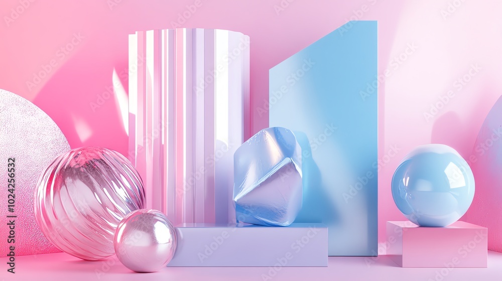 Abstract 3D geometric shapes in pink and blue, with a shiny, iridescent finish. Abstract 3D geometric shapes in pink and blue, with a shiny, iridescent finish.