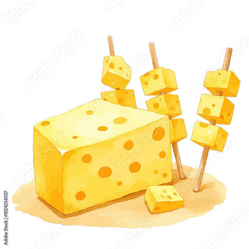 Cheese Block and Skewers on White Background