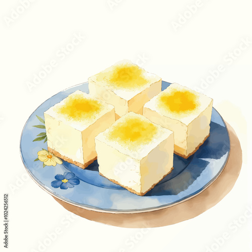 Cheesecake on Blue Plate with Floral Design  
