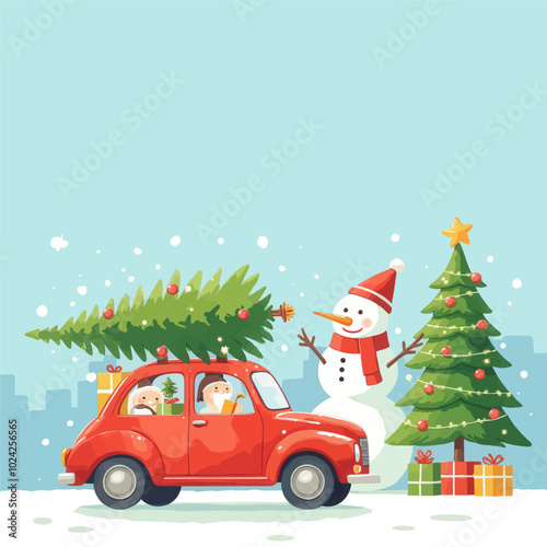 Christmas Tree in a Car with Snowman and Gifts 
