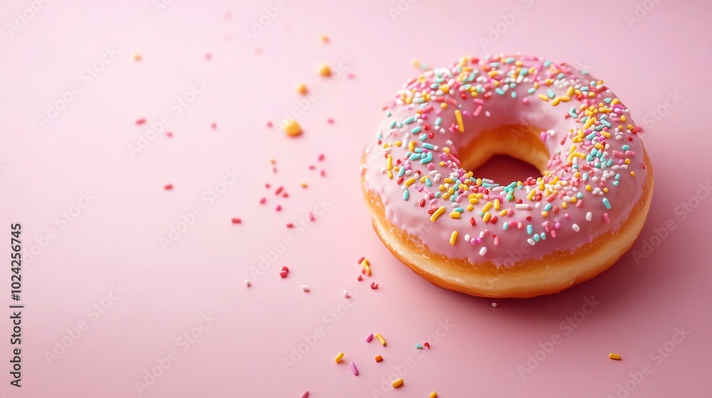 A pink glazed donut with sprinkles sits on a pink background with a few sprinkles scattered around it. A pink glazed donut with sprinkles sits on a pink background with a few sprinkles scattered around it.