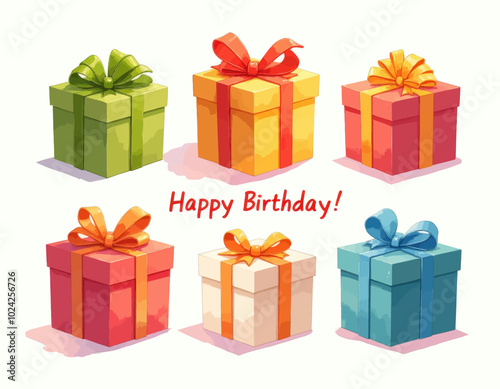 Colorful Gift Boxes with Happy Birthday Text 
