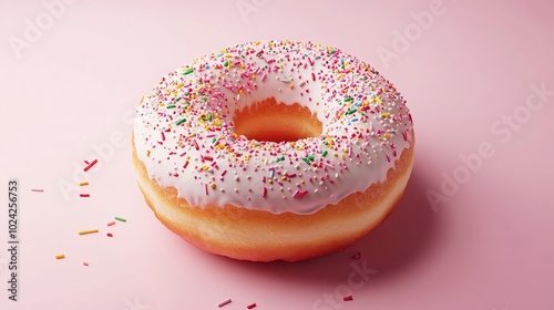 A white frosted donut with colorful sprinkles on a pink background.