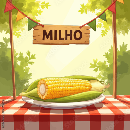 Corn on the Cob with Milho Sign 
