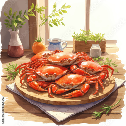 Cooked Crabs on Wooden Board  
