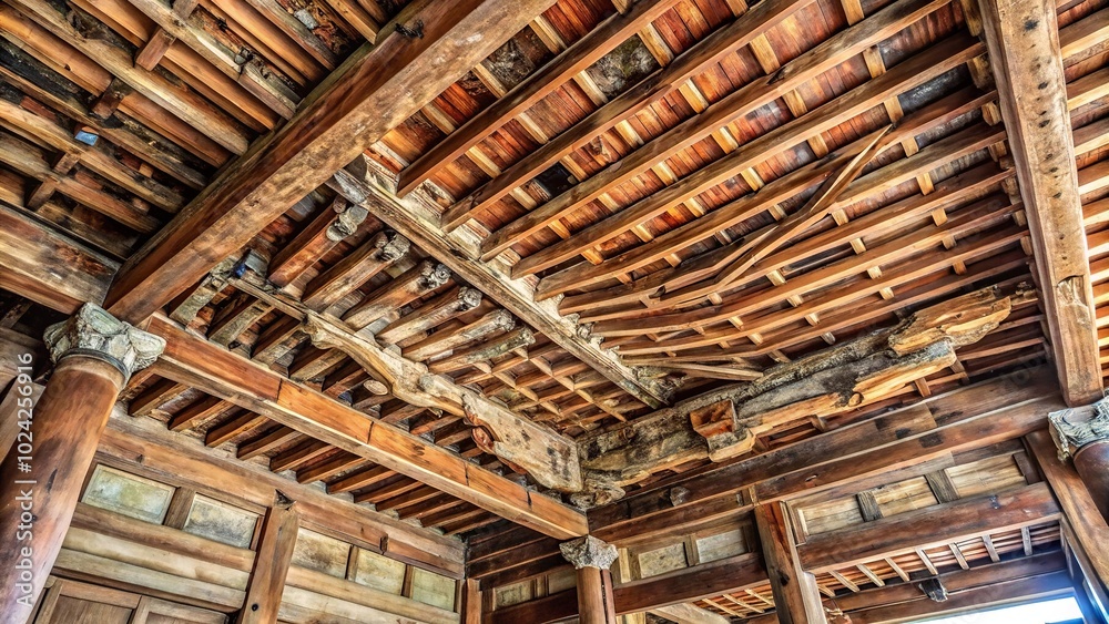 Fototapeta premium Water damaged wooden ceiling in ancient Chinese shrine, tilted angle