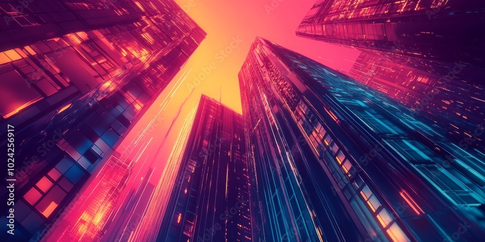 Artistic representation of a synthwave skyscraper, with dynamic colors and abstract, futuristic designs.