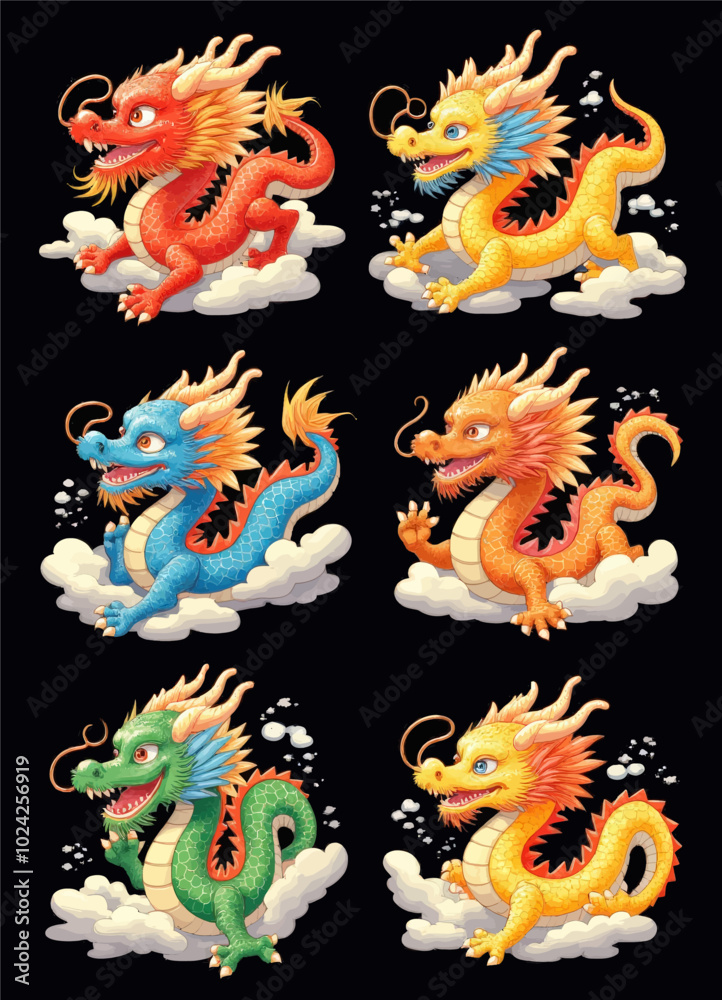 Obraz premium Cute Cartoon Dragons on Clouds 
