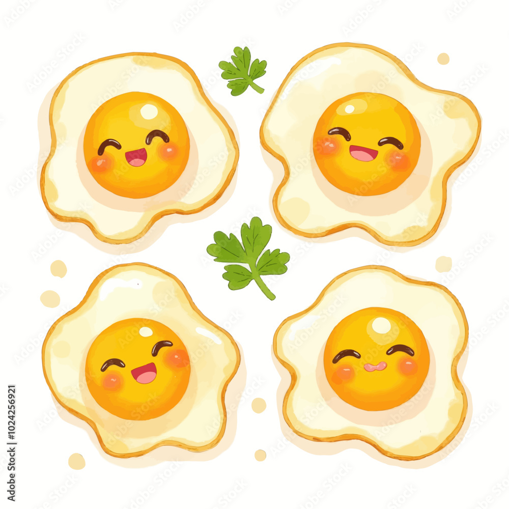 Cute Cartoon Fried Eggs with Smiling Faces Cute Cartoon Fried Eggs with Smiling Faces