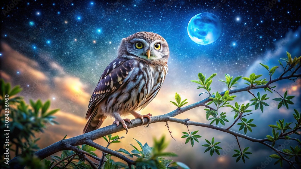 Enchanting Long Exposure of a Little Owl Gazing at the Night Sky Enchanting Long Exposure of a Little Owl Gazing at the Night Sky
