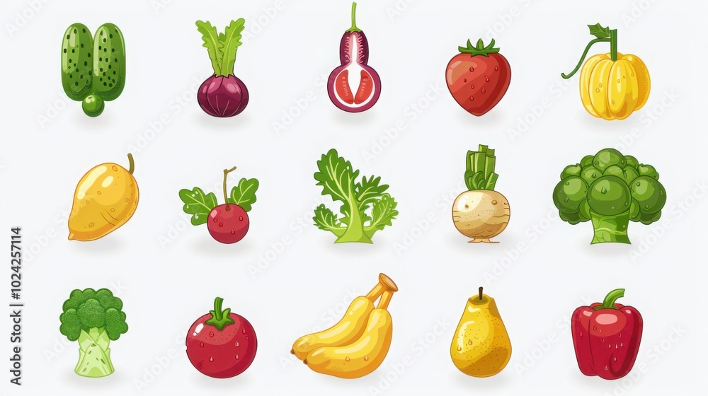 Set of various cartoon-style fruits and vegetables, including strawberries, bananas, and broccoli, arranged against a light background.
Set of various cartoon-style fruits and vegetables, including strawberries, bananas, and broccoli, arranged against a light background.