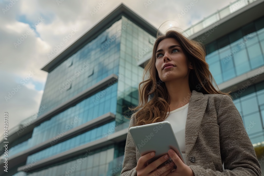 Portrait of a confident businesswoman using a digital tablet outside a contemporary office building, showcasing success and modern technology. Portrait of a confident businesswoman using a digital tablet outside a contemporary office building, showcasing success and modern technology.