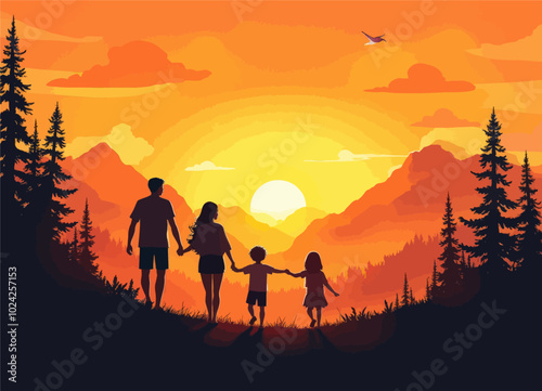 Family Hiking at Sunset