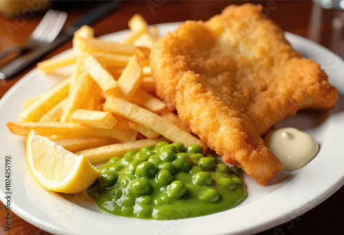 Fish and Chips with Mushy Peas and Lemon Wedge  
