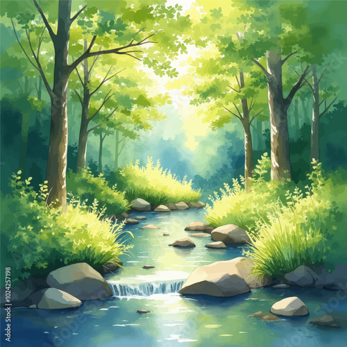 Forest Stream and Waterfall 
