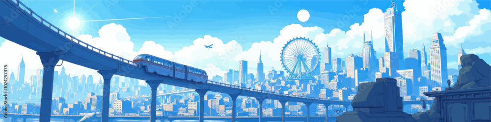 Fototapeta premium Futuristic Cityscape with Train and Ferris Wheel 
