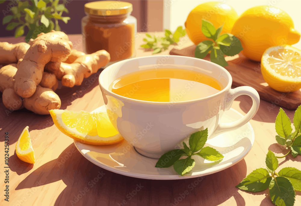 Ginger, Lemon, and Mint Tea on Wooden Table Ginger, Lemon, and Mint Tea on Wooden Table