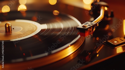 A close-up shot of a vinyl record playing on a turntable with warm light.