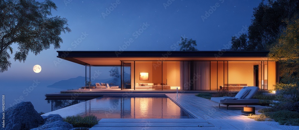 Fototapeta premium Modern house with a pool and a view of the ocean at night.