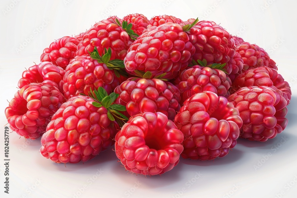 A pile of fresh raspberries on a white background, emphasizing their natural texture and vibrant red color.
A pile of fresh raspberries on a white background, emphasizing their natural texture and vibrant red color.