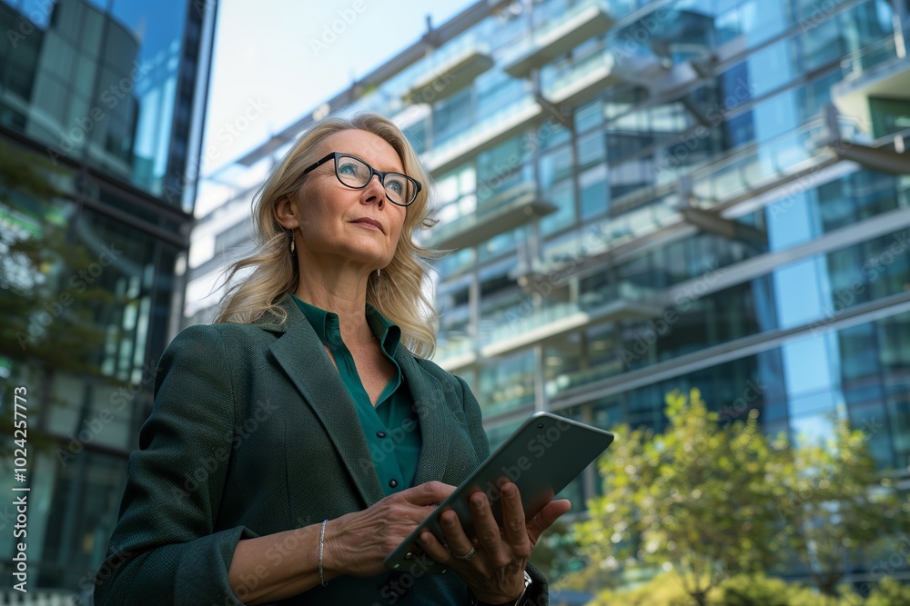 Fototapeta premium Portrait of a confident businesswoman using a digital tablet outside a contemporary office building, showcasing success and modern technology.