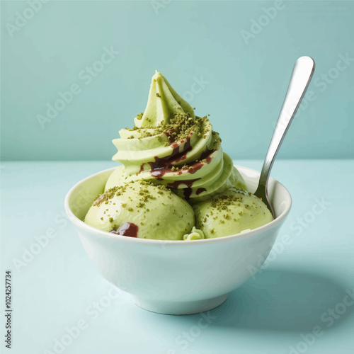 Green Tea Ice Cream with Chocolate Drizzle and Toppings in Bowl