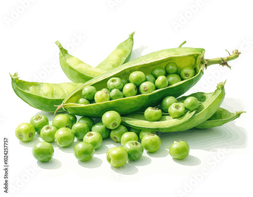 Green Peas in Pods on White Background