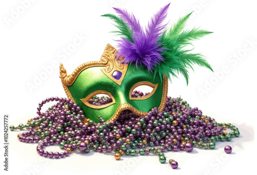 Green Mardi Gras Mask and Beads 
