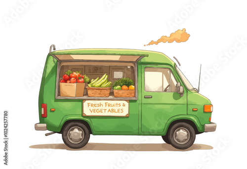 Green Van Selling Fresh Fruits and Vegetables  

