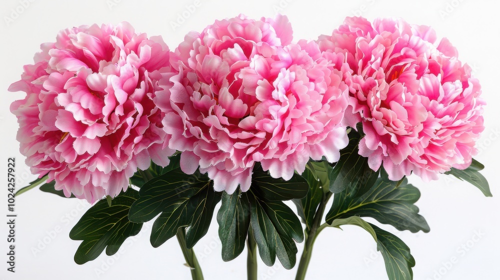 Close-up of three pink peony flowers in full bloom against a white background, showcasing their lush petals and natural elegance.
