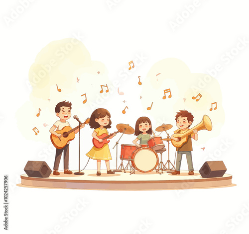 Kids' Band Playing Instruments on Stage