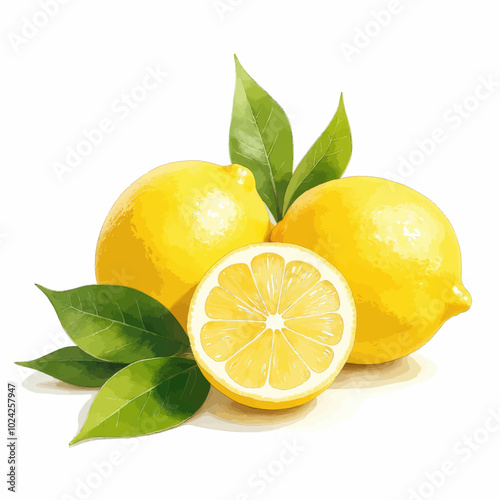 Lemons with Leaves on White Background 
