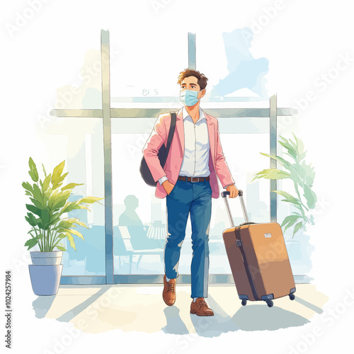 Man in Face Mask Walking Through Airport with Luggage 
