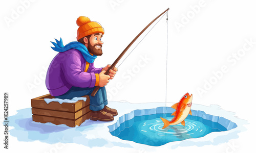 Man Ice Fishing with Fish Jumping Out of Hole  
