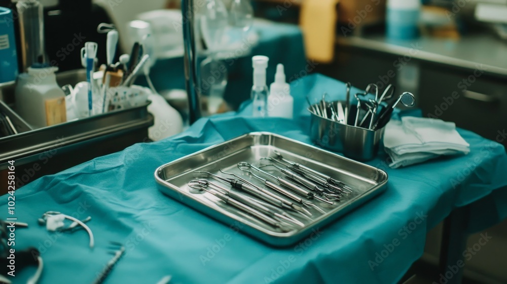 A close-up of medical supplies and instruments neatly laid out on a tray in a sterile clinic treatment room.